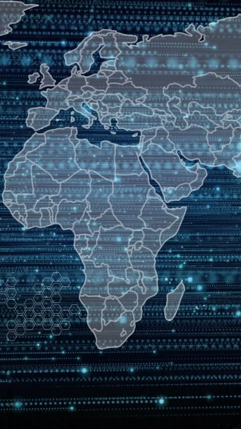 World map with digital data processing animation over blue binary code Stockbeeldmateriaal 344285023