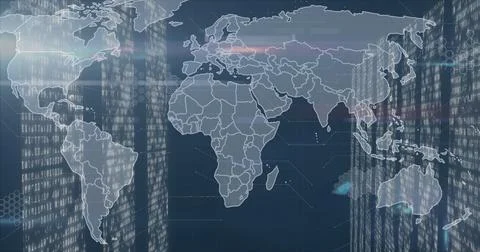 World map with digital data processing image over skyscraper background Foto stock