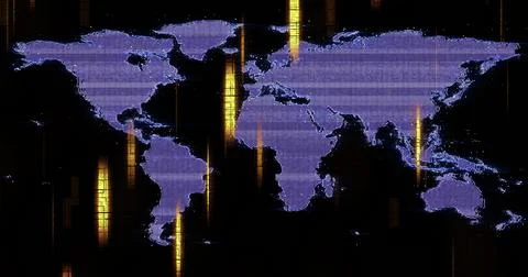 World map with digital data streams image over dark background Illustrazione stock