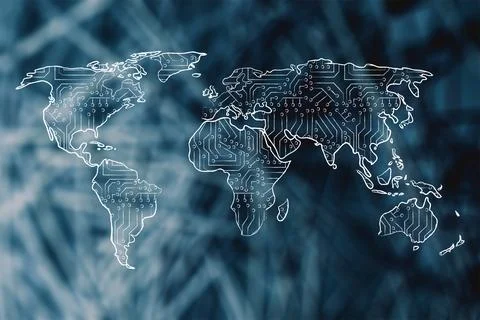 World map with digital microchip circuit pattern, artificial intelligence a.. Illustrazione stock