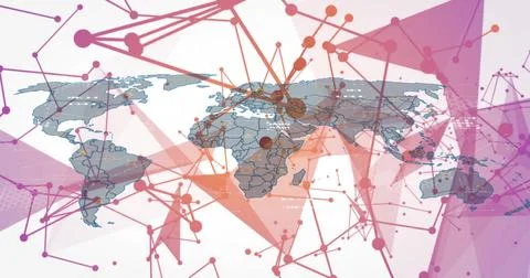 World map displaying network links in digital scene, with network nodes and 写真素材