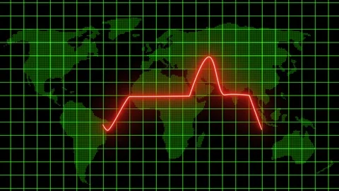 World map displays a red heartbeat line and grid. This world map visualizes.. Stock Footage 337620574