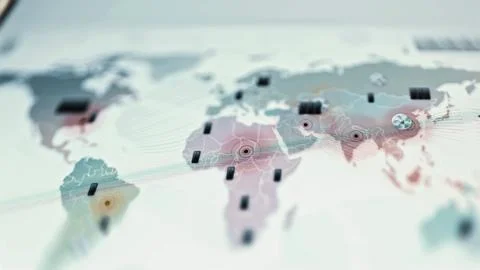 World map with distributed server and cooling symbols Foto stock