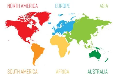 World map divided into six continents. Each continent in different color. Simple Stock Illustration
