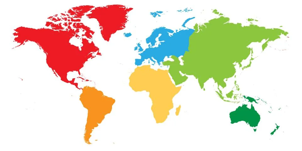 World map divided into six continents. Each continent in different color. Simple Stock Illustration