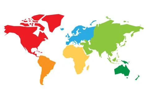 World map divided into six continents. Each continent in different color. Simple Illustrazione stock