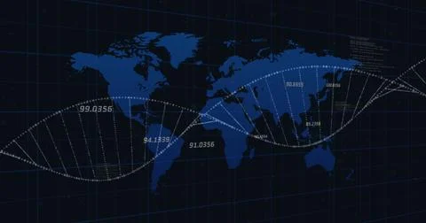World map with DNA helix overlay, illustrating global genetic research 库存插图