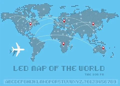 World map of dots, airline map, led uppercase English alphabet, number, vecto Stock-Illustration
