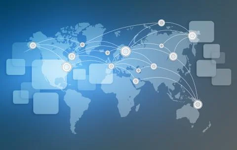World Map with dots and lines between cities 스톡 일러스트