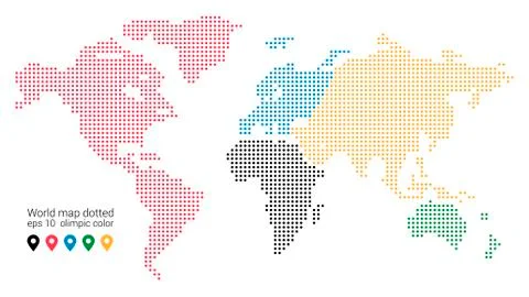 World map with dots, continents colored with olimpic colors Stock Illustration
