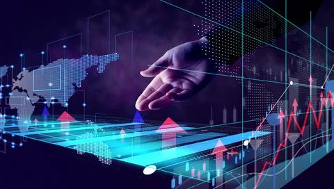 World map of dots, graphs with growing indicators and a woman's hand pointi.. Stock Photos