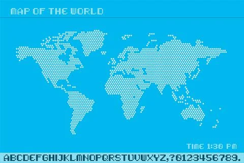 World map of dots, led uppercase English alphabet, vector illustration 스톡 일러스트