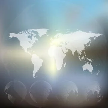 World map with dotted globes, abstract blurred background vector Stock Illustration