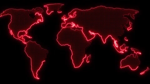 World map dotted with red pixels and glowing neon outlines animation backgr.. Stock Footage 337365716
