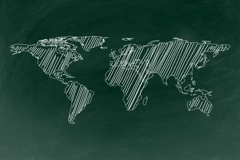 World map drawing on chalkboard texture background, blackboard sketch global  Foto stock