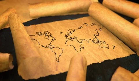World Map Drawing Unfolding Old Paper Scroll 3D Stock Illustration