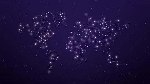 World map drawn as a twinkling star constellation in a purple night sky Stockbeeldmateriaal 348337189