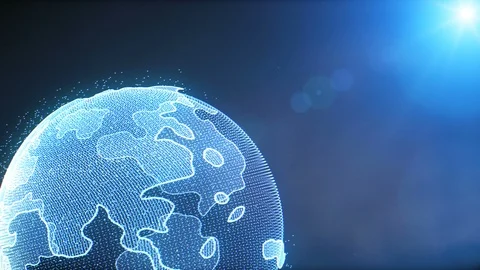 World Map Earth Rotating Hi Technology In Galaxy Space With Blue Sun Flare Stock Footage 87464462