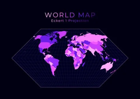 World Map. Eckert I projection. Digital world illustration. Bright pink neo.. Stock Illustration