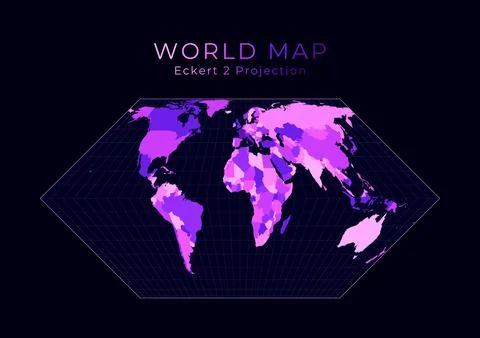 World Map. Eckert II projection. Digital world illustration. Bright pink ne.. イラスト素材