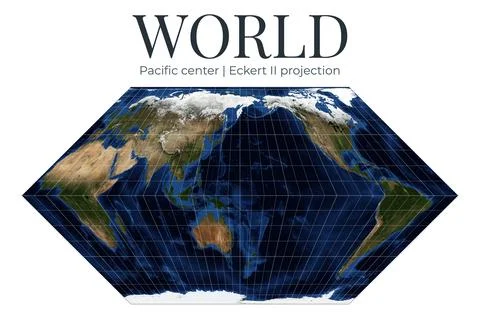 World map in Eckert II projection. Pacific-centered view with detailed phys.. 스톡 일러스트