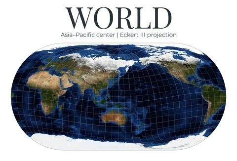 World map in Eckert III projection. Asia-Pacific centered at 10degN 140degE.. Ilustración de archivo