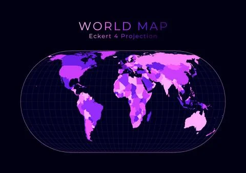 World Map. Eckert IV projection. Digital world illustration. Bright pink ne.. 스톡 일러스트