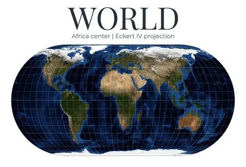 World map in Eckert IV projection, Africa center, detailed physical Earth. .. 스톡 일러스트