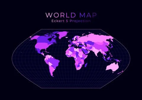 World Map. Eckert V projection. Digital world illustration. Bright pink neo.. Illustrazione stock