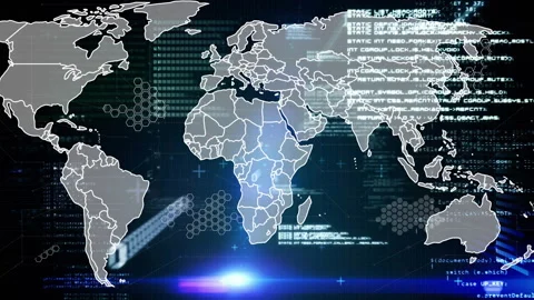World map emerging with code and hex patterns sliding, white beam scanning Stock Footage 313724856