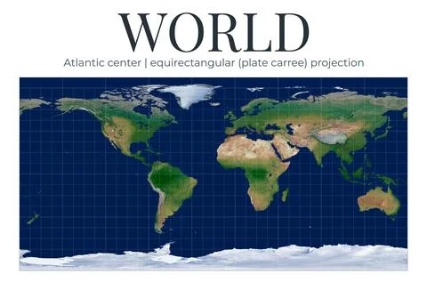 World Map. Equirectangular plate carree projection. Detailed physical Earth.. Ilustração Stock