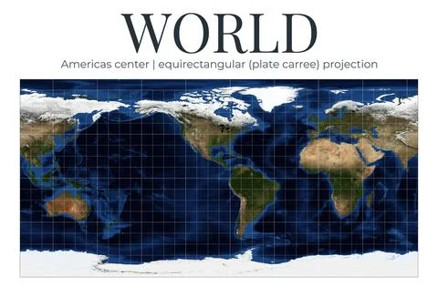 World Map. Equirectangular projection, Americas center view. High-detail ph.. Ilustração Stock
