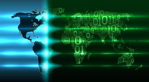 World map with evolving digital global technologies. Map Earth from binary code Illustrazione stock