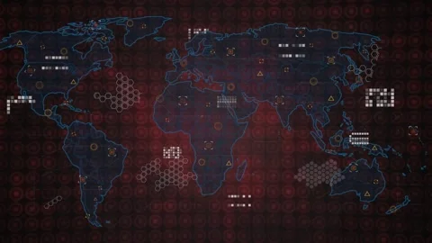 World map expanding from blue Americas outline, adding matrix and hex clusters, Stock Footage 332981261