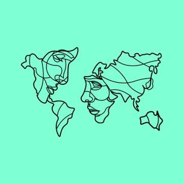 World map with faces icon in white on an isolated turquoise color background. Illustrazione stock