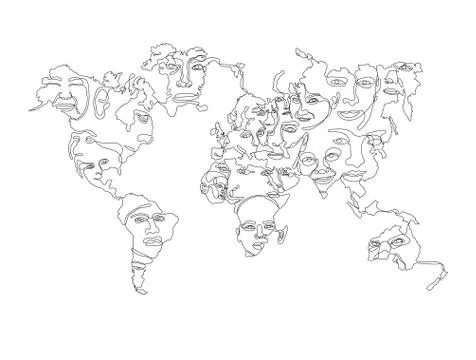World map with faces of native people continuous line art, not expanded, stro Stock Illustration