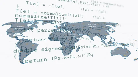 On world map fading in, C++ code sliding, computing geometry and returning Stock Footage 310659708