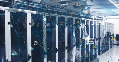 World map fading over server racks, icons rising, lines linking, dots flashing Stock Footage 311085227