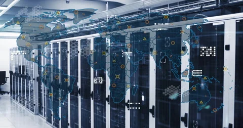World map fading over white server racks, data icons appearing and pulsing lines Stock Footage 310429571