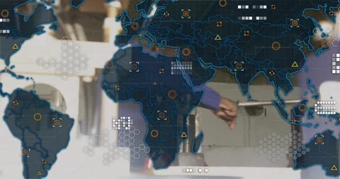 World map fading starting technician aligning metal, pulling lever, visualizing Stock Footage 327902383