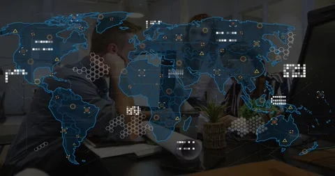 World map fading in, team leaning, pointing, typing, annotating plans to map Stock Footage 331227424
