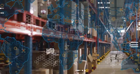 World map fading onto warehouse racks showing data icons and linking lines for Stock Footage 313494597