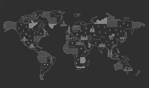 World Map with Famous Landmarks. 库存插图