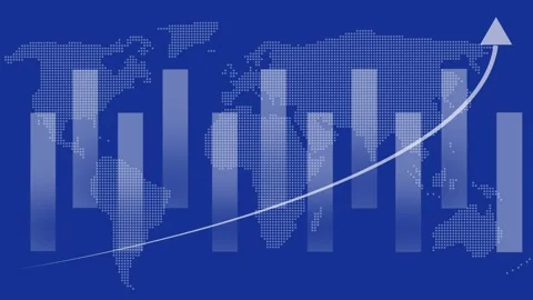 World map features a rising bar graph arrow. This world map visualizes glob.. Stock Footage 337621332