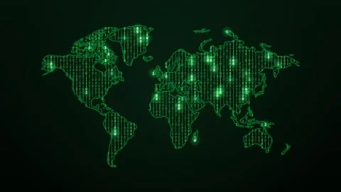 World map filled with changing binary code and green digital rain 库存影片 348338054