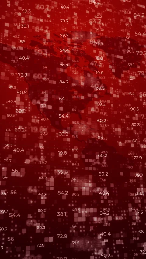 World map with financial chart concept. Blinking pixels and dots on red screen.  Stock Footage 308522946