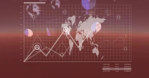 World map with financial data and graphs image over red background イラスト素材