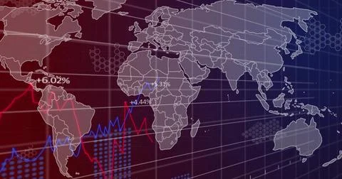 World map with financial data and graphs image over grid background Stock Photos