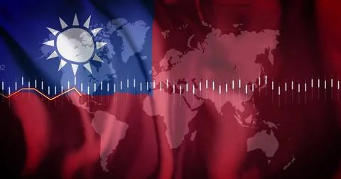 World map with financial data image over Taiwan flag background 스톡 일러스트