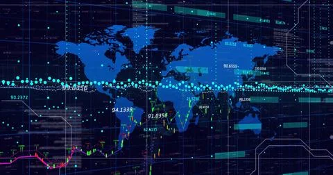 World map with financial data processing image over stock market graphs 스톡 일러스트
